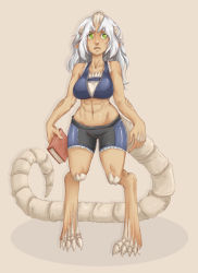 Rule 34 | 1girl, abs, bad deviantart id, bad id, bankage, barefoot, bike shorts, book, breasts, claws, dark-skinned female, dark skin, endless library, eyebrows, full body, green eyes, holding, holding book, horns, large breasts, lizhp, lizhp libellus aetern-ritter, lizhp libellus aetern ritter, long hair, midriff, monster girl, original, pointy ears, simple background, solo, sports bra, tail, white hair