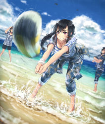 Rule 34 | 3girls, action, aircraft, airplane, ball, barefoot, beach, beach volleyball, black hair, blush, braid, breasts, brown hair, camouflage, cleavage, clothes around waist, cloud, collarbone, contrail, crossed arms, day, digital camouflage, dutch angle, fighter jet, frown, grin, hand up, hat, highres, horizon, jacket, jacket around waist, jet, leaning forward, long hair, military, military uniform, military vehicle, motion blur, multiple girls, ocean, original, outdoors, own hands together, pants, pants rolled up, pigeon-toed, playing sports, purple eyes, shirt, shorts, sidelocks, single braid, sky, sleeves rolled up, smile, soldier, striped clothes, striped shirt, sweat, tanto (tc1995), telnyashka, uniform, volleyball, volleyball (object), wading, water