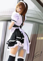 Rule 34 | 1girl, absurdres, apron, brown hair, copyright request, evan yang, highres, lace, lace-trimmed legwear, lace trim, looking at viewer, looking back, maid, maid apron, maid headdress, over-kneehighs, puffy sleeves, purple eyes, short sleeves, signature, solo, thighhighs, window