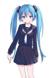 Rule 34 | 1girl, bad id, bad twitter id, black sailor collar, black serafuku, black shirt, black skirt, blue eyes, blue hair, commentary, hatsune miku, headphones, long sleeves, looking at viewer, maruchi, microphone, neckerchief, pleated skirt, sailor collar, school uniform, serafuku, shirt, simple background, skirt, solo, standing, twintails, vocaloid, white background, white neckerchief