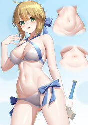 Rule 34 | 1girl, :d, ahoge, artoria pendragon (all), artoria pendragon (fate), artoria pendragon (swimsuit archer) (fate), bikini, blonde hair, blush, bow, bow bikini, breasts, cleavage, cleavage cutout, clothing cutout, collarbone, commentary request, criss-cross halter, fate/grand order, fate (series), from below, green eyes, halterneck, highres, medium breasts, medium hair, multiple views, navel, official alternate costume, okayusonmu, open mouth, saber (fate), simple background, smile, swimsuit, underboob