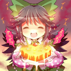 Rule 34 | 1girl, bad food, black hair, blush, boiling, closed eyes, female focus, food focus, givuchoko, heart, long hair, mittens, open mouth, reiuji utsuho, smile, solo, touhou, valentine