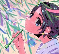 Rule 34 | 1girl, bell, black hair, blue eyes, blurry, blurry background, bubble, blowing bubbles, closed mouth, from side, hair ornament, highres, holding, light smile, looking at viewer, maiandkoh, original, shirt, summer, tanzaku, tree, white background, white shirt