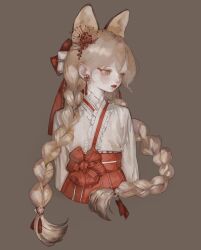 Rule 34 | 12yun30, 1girl, animal ears, bow, braid, cropped torso, earrings, expressionless, eyeliner, facial mark, fox ears, fox girl, grey background, hair bow, hair ornament, hanbok, highres, jewelry, korean clothes, light brown hair, lipstick, long hair, looking to the side, makeup, original, simple background, solo, tassel, tassel earrings, tassel hair ornament, twin braids, very long hair, yellow eyes