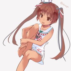 Rule 34 | 10s, 1girl, anchor, barefoot, brown eyes, brown hair, chig (mizusaki), commentary request, dark-skinned female, dark skin, dress, feet, kantai collection, libeccio (kancolle), one-hour drawing challenge, panties, sailor dress, skirt, solo, striped clothes, striped panties, underwear