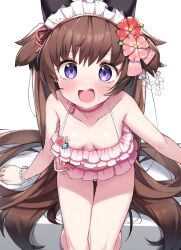 Rule 34 | 1girl, absurdly long hair, bikini, blue archive, blush, bracelet, breasts, breasts apart, brown hair, choker, cleavage, collarbone, dutch angle, embarrassed, flower, frilled bikini, frills, from above, hair flower, hair ornament, haruyuki (yukichasoba), highres, jewelry, kanzashi, leaning forward, long hair, looking at viewer, maid headdress, open mouth, pink bikini, pink ribbon, purple eyes, ribbon, ribbon choker, shizuko (blue archive), shizuko (swimsuit) (blue archive), sitting, small breasts, smile, solo, sweatdrop, swimsuit, teeth, thigh gap, twintails, upper teeth only, very long hair
