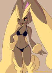 Rule 34 | 1girl, animal nose, artist name, bare shoulders, bikini, black bikini, bob cut, body fur, breasts, brown background, brown fur, brown hair, brown theme, closed mouth, collarbone, creatures (company), female focus, furry, furry female, game freak, gen 4 pokemon, gendoempertags, gluteal fold, hand on own hip, highres, looking at viewer, lopunny, medium breasts, navel, nintendo, personification, pokemon, pokemon (creature), rabbit ears, rabbit girl, rabbit tail, red eyes, short hair, sidelocks, simple background, solo, split mouth, standing, stomach, swimsuit, twitter username, two-tone fur, watermark, yellow fur