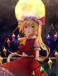 Rule 34 | 1girl, absurdres, arm behind back, ascot, blonde hair, crystal, eyebrows, flandre scarlet, full moon, glowing, hair between eyes, hat, hat ribbon, headwear request, highres, holding, holding behind back, looking at viewer, mob cap, moon, mozuno (mozya 7), night, night sky, open mouth, outdoors, puffy short sleeves, puffy sleeves, red eyes, red ribbon, red skirt, ribbon, shirt, short hair, short hair with long locks, short sleeves, side ponytail, skirt, sky, smile, solo, standing, star (sky), starry sky, touhou, vest, wings