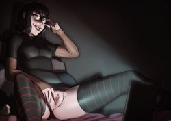 Rule 34 | 1girl, black hair, black lips, black thighhighs, clothing aside, covered erect nipples, hotel transylvania, john doe, lipstick, looking at viewer, makeup, mavis dracula, panties, panties aside, pussy, reclining, smile, solo, spread legs, striped clothes, striped thighhighs, thighhighs, uncensored, underwear
