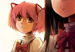 Rule 34 | 10s, 2girls, akemi homura, black hair, blurry, bow, bowtie, depth of field, frown, hair ribbon, kaname madoka, long hair, looking at another, mahou shoujo madoka magica, mahou shoujo madoka magica: hangyaku no monogatari, multiple girls, pink hair, red bow, red bowtie, ribbon, school uniform, shirt, short hair, silverxp, simple background, solo focus, twintails, upper body, white background, white shirt, worried, yellow eyes