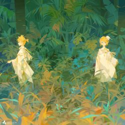 Rule 34 | 1boy, 1girl, a-shacho, arm tattoo, blonde hair, blue eyes, bow, closed mouth, fern, hair bow, hairband, highres, jungle, kagamine len, kagamine rin, long sleeves, nature, outdoors, poncho, ponytail, short hair, short ponytail, siblings, strap, tattoo, tree, twins, vocaloid, wide sleeves