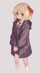 Rule 34 | 1girl, blonde hair, blouse, collared shirt, cropped legs, grey background, hair between eyes, hair ribbon, hood, hooded jacket, jacket, miniskirt, own hands clasped, own hands together, red eyes, ribbon, rumia, shirt, short hair, simple background, skirt, smile, solo, touhou, white shirt, yamamomo (plank)