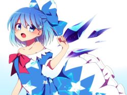 Rule 34 | 1girl, adapted costume, bad id, bad twitter id, bare shoulders, blue bow, blue dress, blue eyes, blue hair, blush, bow, breasts, cirno, collarbone, dress, embellished costume, frilled dress, frills, from side, hair bow, hair ornament, ice, ice wings, looking at viewer, looking to the side, matching hair/eyes, off-shoulder dress, off shoulder, open mouth, puffy short sleeves, puffy sleeves, red bow, short hair, short sleeves, small breasts, snowflake hair ornament, solo, star (symbol), star print, touhou, wings, you (noanoamoemoe)