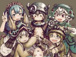 Rule 34 | 1other, 2boys, 2girls, animal ears, blue hair, bunta50, commentary request, eyewear on head, furry, gloves, gradient background, helmet, highres, looking at viewer, made in abyss, mechanical parts, multiple boys, multiple girls, nanachi (made in abyss), nanachi (made in abyss) (human), navel, rabbit ears, regu (made in abyss), riko (made in abyss), v