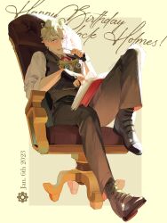 Rule 34 | 1boy, ace attorney, black pants, blonde hair, book, boots, chair, character name, collared shirt, dated, feet on chair, fingerless gloves, fork, full body, gloves, goggles, happy birthday, herlock sholmes, highres, holding, holding book, holding fork, knee up, long sleeves, looking at viewer, male focus, neck ribbon, open book, pants, pink ribbon, ribbon, shirt, shoes, short hair, sitting, smile, solo, the great ace attorney, tongue, tongue out, vest, white shirt, worvies