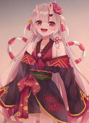 Rule 34 | 1girl, absurdres, bad id, bad pixiv id, bare shoulders, bell, blush, commentary request, double bun, gradient background, hair bell, hair between eyes, hair bun, hair ornament, highres, hololive, horns, japanese clothes, karashi (asarikarasi), kimono, long hair, looking at viewer, mask, mask on head, multicolored hair, nakiri ayame, nakiri ayame (1st costume), obi, oni mask, open mouth, red hair, red kimono, sash, sidelocks, simple background, skin-covered horns, smile, solo, streaked hair, two-tone hair, virtual youtuber, white hair