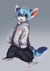 Rule 34 | blue hair, brown eyes, child, furry, game console, gradient background, highres, hood, hoodie, multicolored hair, open mouth, original, oversized clothes, rady-wolf, sega dreamcast, simple background, sleeves past wrists, solo, white hair