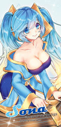 Rule 34 | 1girl, bare shoulders, blonde hair, blue eyes, blue hair, breasts, character name, cleavage, collarbone, etwahl, gradient hair, instrument, joypyonn, large breasts, league of legends, long hair, looking at viewer, matching hair/eyes, multicolored hair, smile, solo, sona (league of legends), twintails, very long hair, watermark, web address