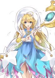 Rule 34 | 1girl, :d, bare shoulders, blonde hair, blue dress, blue eyes, breasts, chiki koutei, cleavage, commentary request, dragalia lost, dress, earrings, hair between eyes, highres, holding, holding staff, jewelry, long hair, looking at viewer, medium breasts, open mouth, sideboob, sleeveless, sleeveless dress, smile, solo, staff, very long hair, white background, zethia