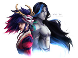 Rule 34 | 1boy, 1girl, akali, arm at side, artist name, bekkomi, black choker, black hair, blood moon akali, blue hair, blunt bangs, choker, closed mouth, collarbone, commentary, cropped torso, english commentary, from side, glowing, glowing eyes, grey background, highres, horned mask, japanese clothes, kayn (league of legends), kimono, league of legends, long hair, looking at viewer, mask, mask on head, official alternate costume, parted bangs, parted lips, pink hair, pink kimono, red eyes, shadow assassin kayn, simple background, smile, teeth, topless male, white background