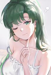 Rule 34 | 1girl, absurdres, bare shoulders, blush, breasts, collarbone, commentary, earrings, fingernails, fire emblem, fire emblem: the blazing blade, frills, gradient background, green eyes, green hair, hand up, head tilt, highres, index finger raised, jewelry, lips, long hair, looking at viewer, lyn (fire emblem), medium breasts, nintendo, one eye closed, ormille, simple background, sleeveless, smile, solo, upper body
