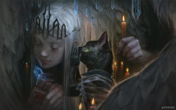Rule 34 | 1girl, animal, book, candle, cat, closed eyes, closed mouth, commentary request, crystal, green eyes, grey hair, halloween, holding, holding book, holding candle, long hair, monokubo, original, smile, tiara, whispering, wings