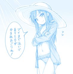 Rule 34 | 1girl, asashio (kancolle), bare legs, bikini, blue theme, closed mouth, cowboy shot, crossed arms, gotou hisashi, hat, jacket, kantai collection, long sleeves, navel, open clothes, open jacket, smile, solo, speech bubble, sun hat, swimsuit, translation request