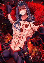 Rule 34 | 1boy, armor, armpits, bare pectorals, blue hair, capelet, chest tattoo, cowboy shot, cu chulainn (fate), cu chulainn (fate) (all), cu chulainn (fate/stay night), cu chulainn alter (fate), cu chulainn alter (fate/grand order), cu chulainn alter (third ascension) (fate), earrings, fate/grand order, fate (series), gloves, grin, highres, hood, jewelry, lancer, long hair, looking at viewer, male focus, pectorals, red eyes, shei99, smile, solo, tail, tattoo, topless male