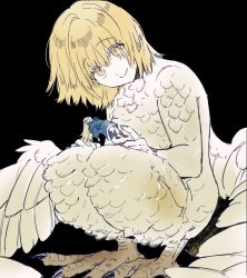 Rule 34 | 2girls, alternate species, bird girl, blonde hair, blue capelet, blue robe, boots, brown footwear, capelet, dungeon meshi, elf, falin touden, floating, giant, giantess, harpy, head tilt, hhemuri, knee boots, long hair, looking at viewer, marcille donato, mini person, minigirl, monster girl, multiple girls, nude, pants, pointy ears, robe, short hair, simple background, slit pupils, smile, solo focus, spoilers, talons, unconscious, white pants, yellow eyes