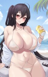 Rule 34 | 1girl, ahoge, azur lane, bare shoulders, beach, bikini, black hair, blue sky, bracelet, breasts, can, cleavage, cloud, collarbone, commentary, day, hair between eyes, highres, holding, holding can, huge breasts, jewelry, kuavera, long hair, looking at viewer, mountainous horizon, navel, ocean, official alternate costume, one side up, outdoors, palm tree, parted lips, red eyes, side-tie bikini bottom, skindentation, sky, strap gap, swimsuit, taihou (azur lane), taihou (seaside daydreams) (azur lane), thick thighs, thighs, tree, very long hair, water, wet, white bikini