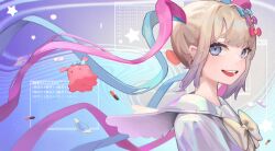 Rule 34 | 1girl, :d, absurdres, blonde hair, blue bow, blue eyes, blue hair, blue shirt, bow, chouzetsusaikawa tenshi-chan, floating hair, hair bow, hair ornament, heart, heart hair ornament, highres, long hair, looking at viewer, mrstomachache, multicolored hair, multiple hair bows, needy girl overdose, octopus, open mouth, pill, pink bow, pink hair, purple bow, quad tails, sailor collar, shirt, smile, solo, star (symbol), upper body, wind, window (computing), yellow bow