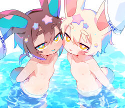 Rule 34 | 2boys, absurdres, animal ears, blush stickers, brown hair, cheek-to-cheek, collarbone, commentary, commission, dripping, hair between eyes, hair ornament, half-closed eyes, heads together, highres, male focus, male swimwear, multiple boys, original, partially submerged, pool, rabbit ears, rabbit tail, ripples, short hair, star-shaped pupils, star (symbol), star hair ornament, swimsuit, symbol-shaped pupils, tail, thick thighs, thighs, topless male, uenomigi, water, wet, white hair, yellow eyes