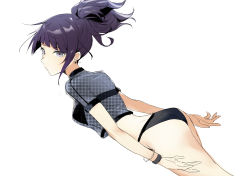 Rule 34 | 1girl, absurdres, ass, back, bikini, black bikini, blunt bangs, bracelet, breasts, closed mouth, diagonal bangs, earrings, highres, idolmaster, idolmaster shiny colors, jewelry, long hair, looking at viewer, mmmkawaine, ponytail, puffy cheeks, purple eyes, purple hair, see-through, short sleeves, simple background, small breasts, solo, swimsuit, tanaka mamimi, thighs, white background, wristband