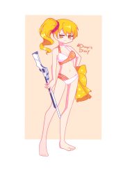 Rule 34 | 1girl, absurdres, arm at side, artist name, bare arms, bare legs, barefoot, beige background, bikini, blonde hair, border, bow, breasts, cleavage, closed mouth, collarbone, contrapposto, dizzyisdizzy, drill hair, facing viewer, floral print, full body, groin, gun, hair ornament, hair scrunchie, half-closed eyes, halterneck, hand on own hip, highres, holding, holding gun, holding weapon, large breasts, legs apart, light blush, light smile, long legs, magia record: mahou shoujo madoka magica gaiden, magical musket, mahou shoujo madoka magica, multi-strapped bikini bottom, navel, no nose, orange bikini, orange outline, outline, pink scrunchie, polka dot, polka dot bikini, polka dot bow, rifle, scrunchie, sideways glance, simple background, solo, square, standing, stomach, swimsuit, tomoe mami, tomoe mami (swimsuit costume), tsurime, two-tone background, two-tone bikini, waist bow, weapon, white bikini, white border, yellow bow, yellow eyes