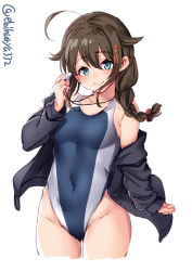 Rule 34 | 1girl, ahoge, alternate costume, arm at side, bare shoulders, black jacket, blue eyes, blue one-piece swimsuit, braid, breasts, brown hair, collarbone, competition swimsuit, covered navel, cowboy shot, ebifurya, hair flaps, hair ornament, hair over shoulder, hairclip, highleg, highleg swimsuit, highres, jacket, kantai collection, long hair, long sleeves, looking at viewer, medium breasts, one-piece swimsuit, shigure (kancolle), shigure kai ni (kancolle), simple background, single braid, smile, solo, swimsuit, thighs, two-tone swimsuit, whistle, whistle around neck, white background