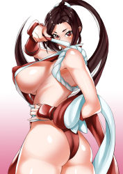 Rule 34 | 1girl, ass, breasts, brown eyes, brown hair, cosplay, fatal fury, from behind, gradient background, huge breasts, ion (cation), long hair, looking at viewer, looking back, pelvic curtain, pink background, ponytail, shiranui mai, shiranui mai (cosplay), sideboob, solo, strap gap, the king of fighters, white background