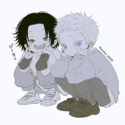 Rule 34 | 2boys, aged down, black hair, blue eyes, child, closed mouth, commentary request, getou suguru, gojou satoru, head rest, highres, honey bunny, jujutsu kaisen, long sleeves, looking at viewer, male focus, multiple boys, open mouth, pants, shirt, shoes, short hair, simple background, smile, sneakers, squatting, twitter username, white background, white hair, yellow eyes