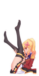 Rule 34 | 1girl, absurdres, aikatsu! (series), aikatsu stars!, bad id, bad pixiv id, black thighhighs, blonde hair, blue bow, blue bowtie, bow, bowtie, brown eyes, chikuwa udon, epaulettes, from side, highres, leg up, long hair, long sleeves, looking at viewer, looking to the side, miniskirt, nijino yume, open mouth, pink hair, pleated skirt, profile, s4 uniform, simple background, skirt, solo, thighhighs, twintails, white background, white skirt, zettai ryouiki