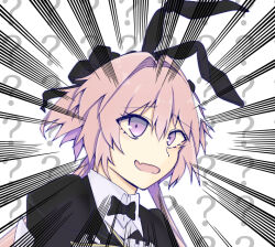 1boy ? ?? astolfo_(fate) astolfo_(saber)_(fate) black_bow black_bowtie black_dress blush bow bowtie commentary_request dress emphasis_lines eyelashes fang fate/grand_order fate_(series) hakuyou_kureru male_focus pink_hair purple_eyes simple_background skin_fang solo trap white_background