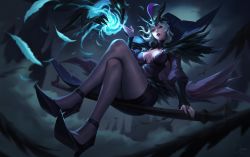Rule 34 | 1girl, ankle strap, black footwear, black pantyhose, black skirt, breasts, bridal gauntlets, cape, center opening, citemer, cleavage, feather trim, feathers, forehead jewel, full body, glowing, green hair, hand up, high heels, highres, knees together feet apart, league of legends, leblanc (league of legends), looking at viewer, looking down, makeup, mascara, mixed-language commentary, official alternate costume, outdoors, pantyhose, parted lips, puffy sleeves, ravenborn leblanc, red eyes, red lips, sitting, skirt, solo, staff, thighs