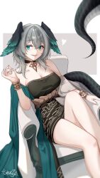 Rule 34 | 1girl, ambience synesthesia, aqua eyes, aqua wings, arknights, black dress, bracelet, breasts, cleavage, dress, grey hair, hair between eyes, head wings, highres, ho&#039;olheyak (arknights), ho&#039;olheyak (carriage of the winds of time) (arknights), jewelry, large breasts, long tail, looking at viewer, medium hair, open mouth, sh1roya, sidelocks, simple background, sitting, snake tail, solo, tail, two-tone wings, wings