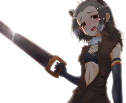 Rule 34 | 1girl, american beaver (kemono friends), animal ears, antenna hair, backlighting, black bra, black gloves, black hair, black shorts, bloom, blush, bra, breasts, brown eyes, brown jacket, check commentary, cleavage, collarbone, commentary request, elbow gloves, empty eyes, fur collar, gloves, gradient hair, grey hair, hair ornament, hairclip, hand saw, holding, jacket, kagami chousaku, kemono friends, lens flare, long hair, looking at viewer, medium breasts, multicolored hair, navel, open mouth, round teeth, saw, shorts, sleeveless, sleeveless jacket, smile, solo, striped clothes, striped gloves, teeth, torn clothes, torn jacket, unbuttoned, underwear, white background, yandere