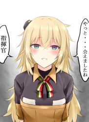 Rule 34 | 1girl, blonde hair, blush, breasts, collared shirt, commentary request, girls&#039; frontline, green eyes, hairband, harujiya (setugetuka), italian flag, italian flag print, long hair, looking at viewer, messy hair, orange hairband, print ribbon, ribbon, s.a.t.8 (girls&#039; frontline), shirt, smile, solo, translation request, uniform, very long hair