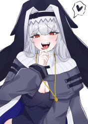 Rule 34 | 1girl, arknights, black dress, black headwear, blush, breasts, capelet, cleavage, cleavage cutout, clothing cutout, coif, dress, finger to tongue, gold necklace, grey hair, habit, heart, highres, jewelry, large breasts, looking at viewer, necklace, nun, open mouth, pendant, red eyes, sharp teeth, solo, specter (arknights), spoken heart, teeth, tongue, tongue out, white background, yashiro3108