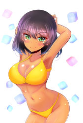Rule 34 | 1girl, absurdres, armpits, arms behind head, arms up, bikini, bob cut, breasts, brown hair, cleavage, closed mouth, commentary, cowboy shot, dark-skinned female, dark skin, girls und panzer, green eyes, groin, halterneck, highres, hoshino (girls und panzer), kumaisao, looking at viewer, navel, short hair, smile, solo, standing, swimsuit, white background, yellow bikini