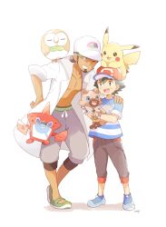 Rule 34 | :3, artist name, ash ketchum, bad id, bad pixiv id, baseball cap, beard, black eyes, black hair, blue eyes, blush stickers, bracelet, brown eyes, brown hair, closed eyes, coat, collarbone, creatures (company), dark-skinned male, dark skin, eye contact, facial hair, fangs, full body, game freak, gen 1 pokemon, gen 4 pokemon, gen 7 pokemon, green footwear, grey pants, grin, hand on another&#039;s shoulder, hand on own hip, happy, hat, heel up, highres, holding, holding pokemon, jewelry, jpeg artifacts, kukui (pokemon), looking at another, mei (maysroom), navel, nintendo, on head, on shoulder, one eye closed, open mouth, pants, pikachu, poke ball theme, pokemon, pokemon (anime), pokemon (creature), pokemon on head, pokemon on shoulder, pokemon sm (anime), rockruff, rotom, rotom dex, rowlet, shoes, short hair, signature, simple background, smile, standing, teeth, white background, white coat, white headwear, wink, z-ring