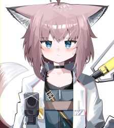 Rule 34 | 1girl, absurdres, ahoge, aiming, aiming at viewer, animal ear fluff, animal ears, arknights, black choker, blue dress, blue eyes, blush, breasts, brown hair, choker, cleavage, closed mouth, collarbone, commentary request, dress, fox ears, fox girl, fox tail, gloves, gun, hair between eyes, highres, holding, holding gun, holding weapon, jacket, looking at viewer, open clothes, open jacket, simple background, small breasts, solo, spam (spamham4506), sussurro (arknights), sweat, tail, upper body, weapon, white background, white gloves, white jacket