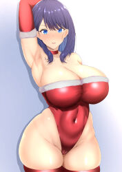 Rule 34 | 1girl, armpits, bare legs, black hair, blue eyes, breasts, cameltoe, christmas, cleavage, covered navel, elbow gloves, fur trim, gloves, gridman universe, highleg, highres, huge breasts, leotard, long hair, looking at viewer, ranhatu, red leotard, red thighhighs, santa costume, shiny skin, skin tight, skindentation, solo, ssss.gridman, standing, straight hair, strapless, takarada rikka, thighhighs, thighs