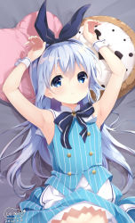 Rule 34 | 1girl, apron, armpits, arms up, bare shoulders, bed sheet, black ribbon, blue eyes, blue hair, blue skirt, blue vest, blush, closed mouth, commentary request, dated, gochuumon wa usagi desu ka?, groin, hair between eyes, hair ribbon, heart, heart-shaped pillow, highres, kafuu chino, long hair, low twintails, lying, neki (wakiko), on back, out-of-frame censoring, pillow, ribbon, signature, skirt, solo, striped clothes, striped skirt, striped vest, twintails, vertical-striped clothes, vertical-striped skirt, vertical-striped vest, very long hair, vest, waist apron, wavy mouth, white apron, wrist cuffs