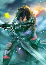 Rule 34 | 10s, 1boy, absurdres, armor, black hair, character name, dual wielding, fur trim, harliskudo, highres, holding, holding sword, holding weapon, kirito, male focus, reverse grip, solo, sword, sword art online, weapon